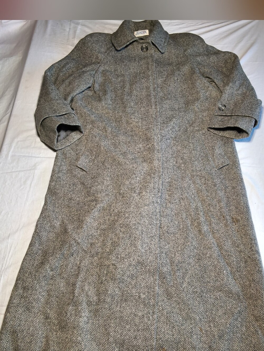 J.G. Hook Women's M Vintage Gray Herringbone Wool Long Overcoat Button Pockets